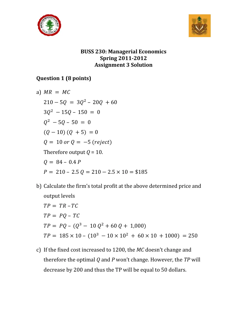 BUSS 230 Homework Solution, Spring 2012, page 1