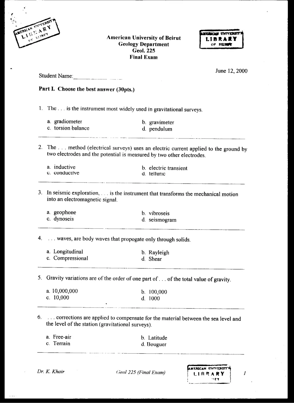 GEOL 225 Final, Spring 2000, page 1