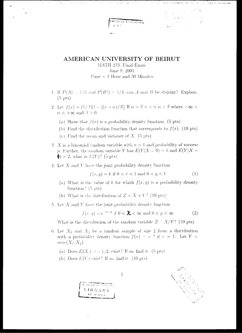 STAT 230 Final, Spring 2001, page 1