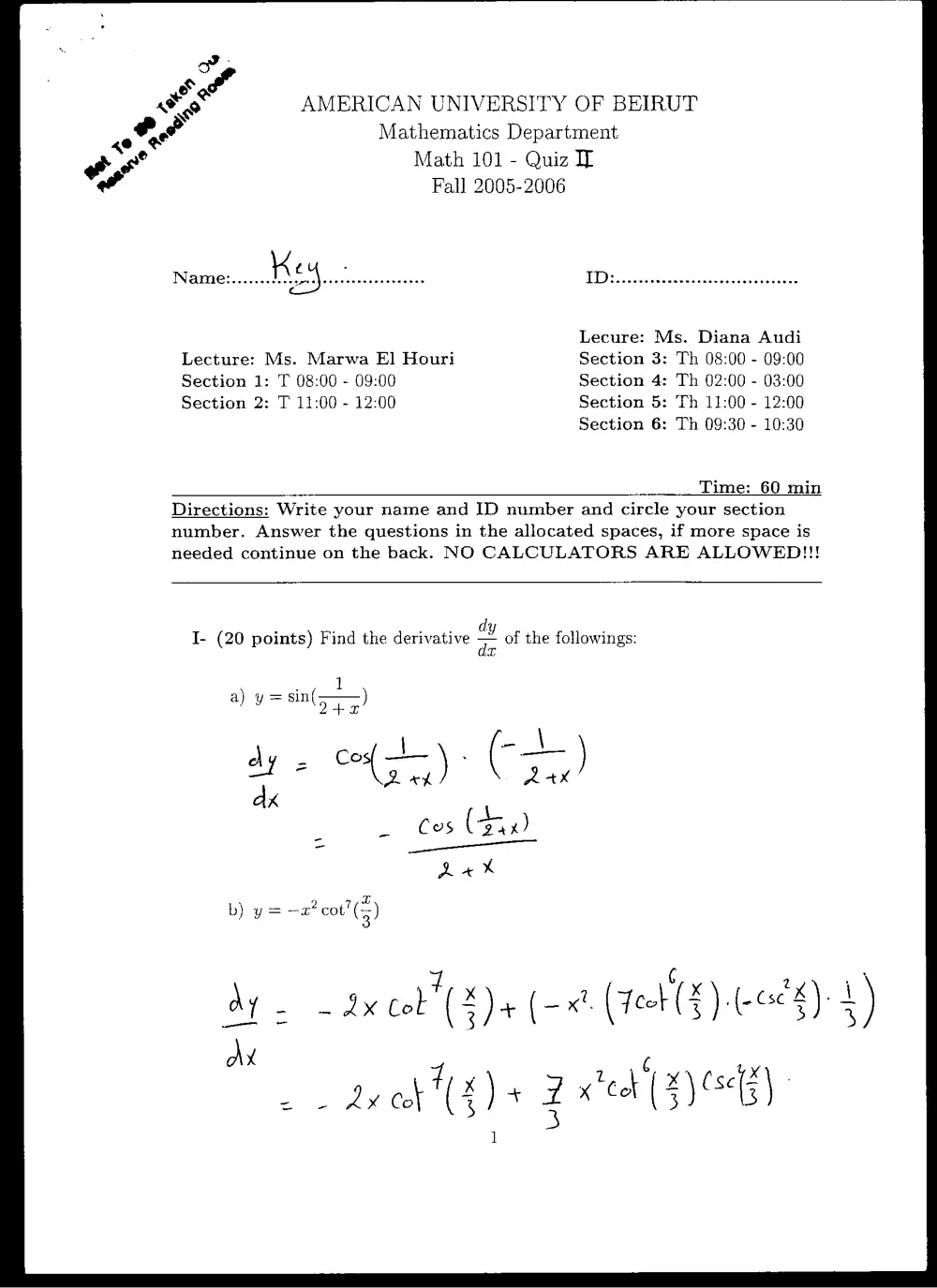 MATH 101 Exam 2, Fall 2005, page 1
