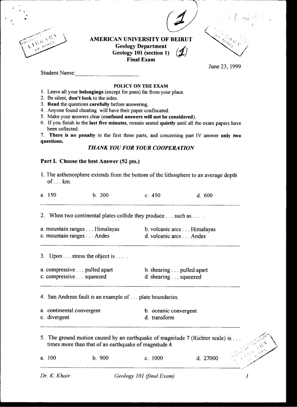 GEOL 101 Final, Spring 1999, page 1