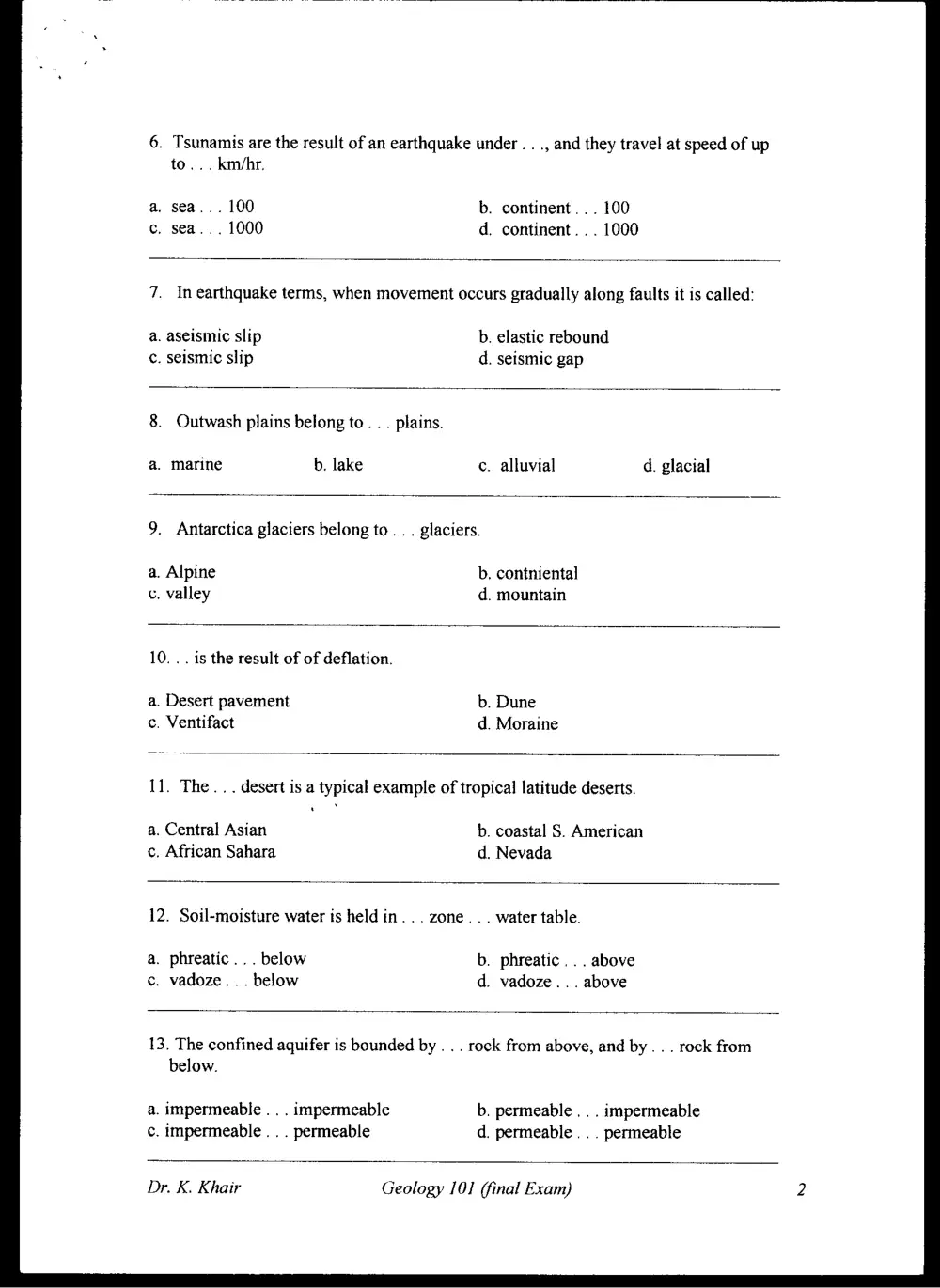 GEOL 101 Final, Spring 1999, page 2