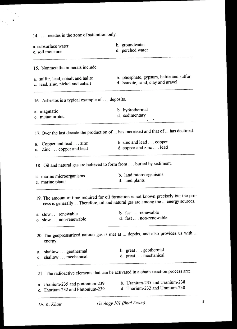 GEOL 101 Final, Spring 1999, page 3