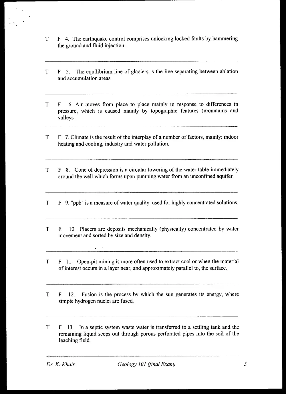 GEOL 101 Final, Spring 1999, page 5
