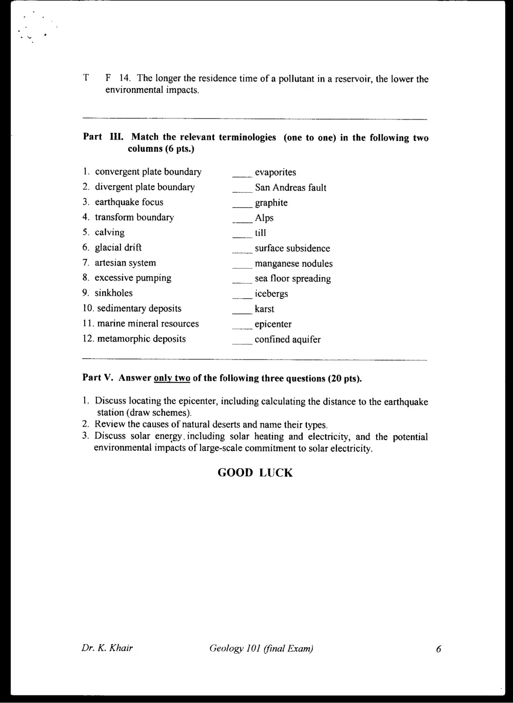 GEOL 101 Final, Spring 1999, page 6