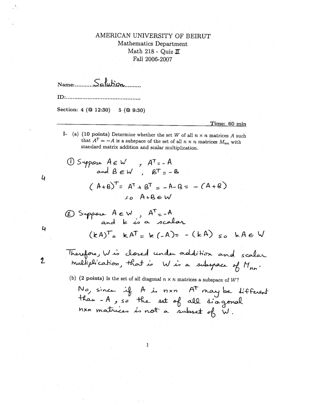 MATH 218 Exam 2 with Solution, Fall 2006, page 1