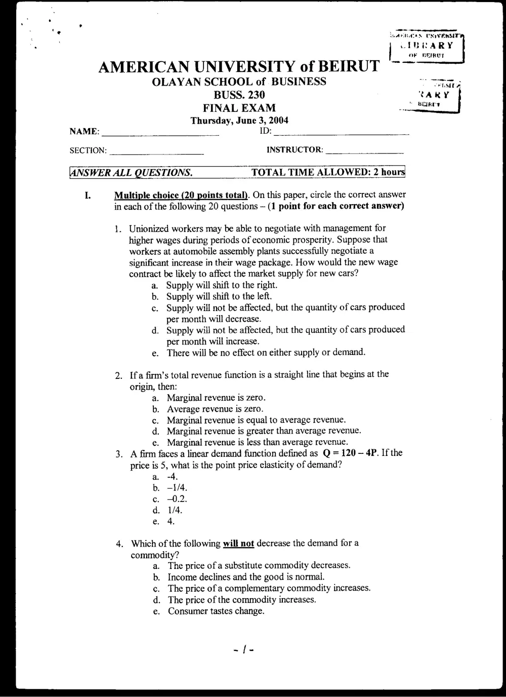 BUSS 230 Final, Spring 2004, page 1