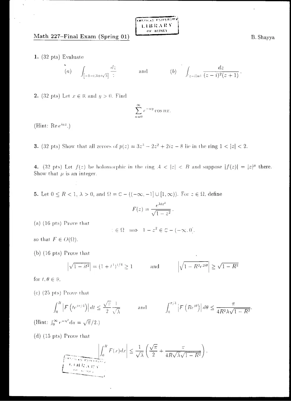 MATH 227 Final, Spring 2001, page 1