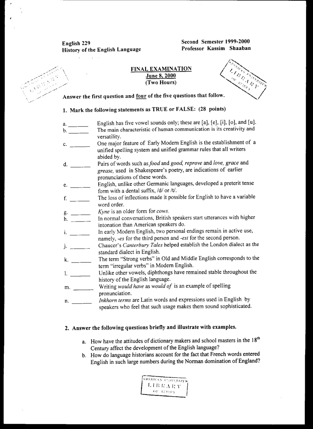 ENG 229 Final, Spring 2000, page 1