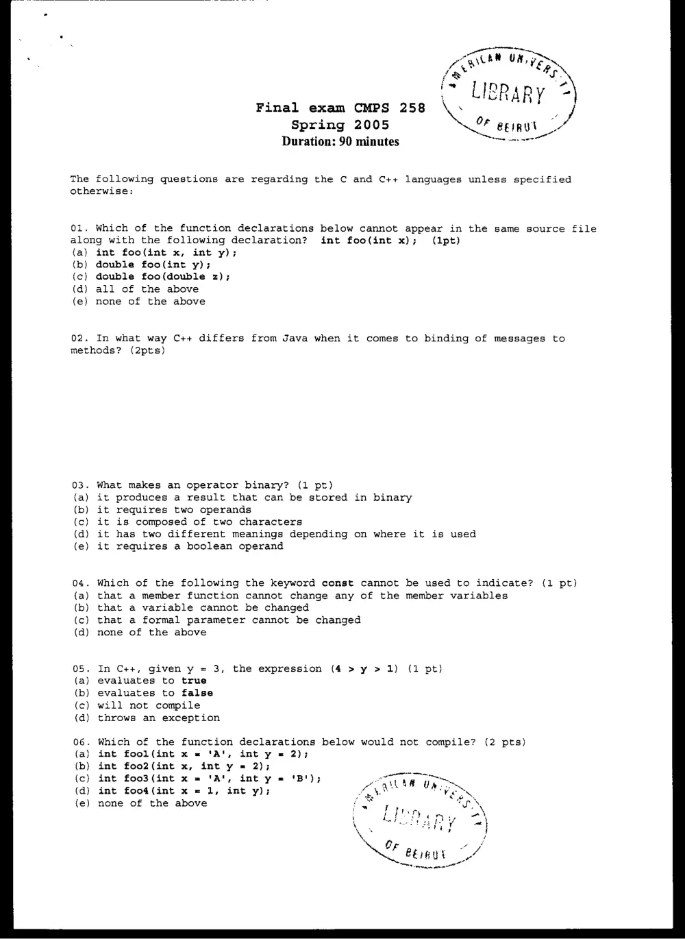 CMPS 258 Final, Spring 2005, page 1