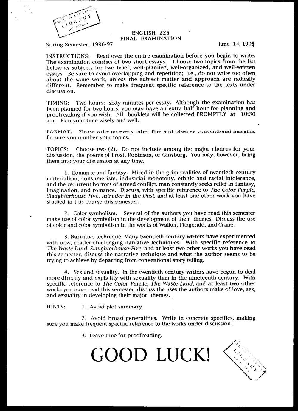 ENG 225 Final, Spring 1997, page 1