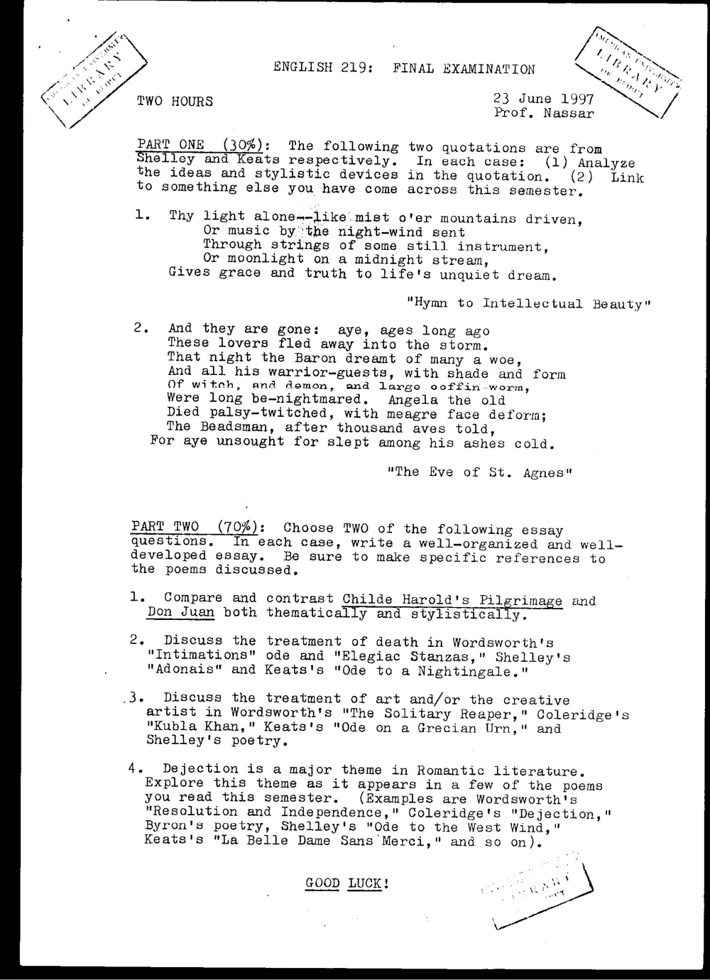 ENG 219 Final, Spring 1997, page 1