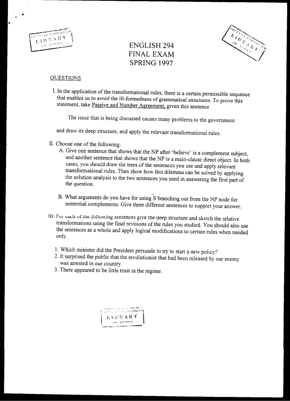 ENG 294 Final, Spring 1997, page 1