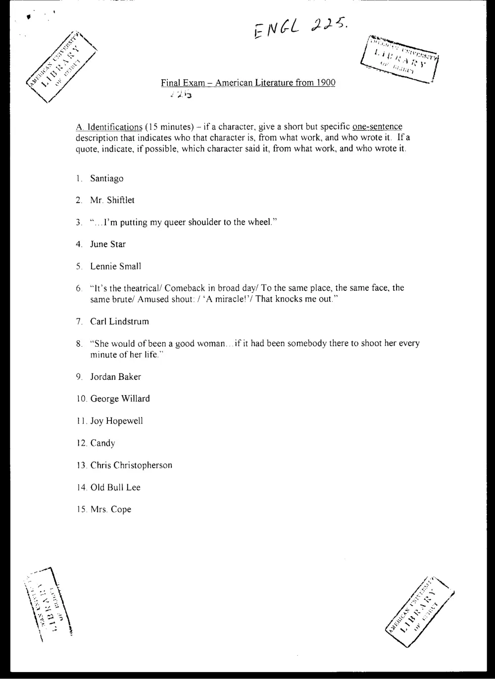 ENG 225 Final, Spring 2008, page 1