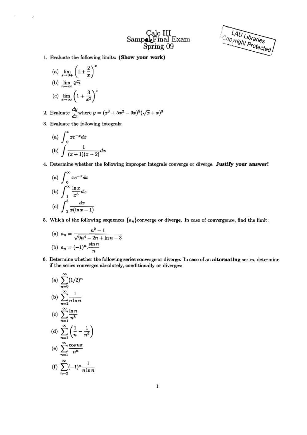 MTH 201 Final, Spring 2009, page 1