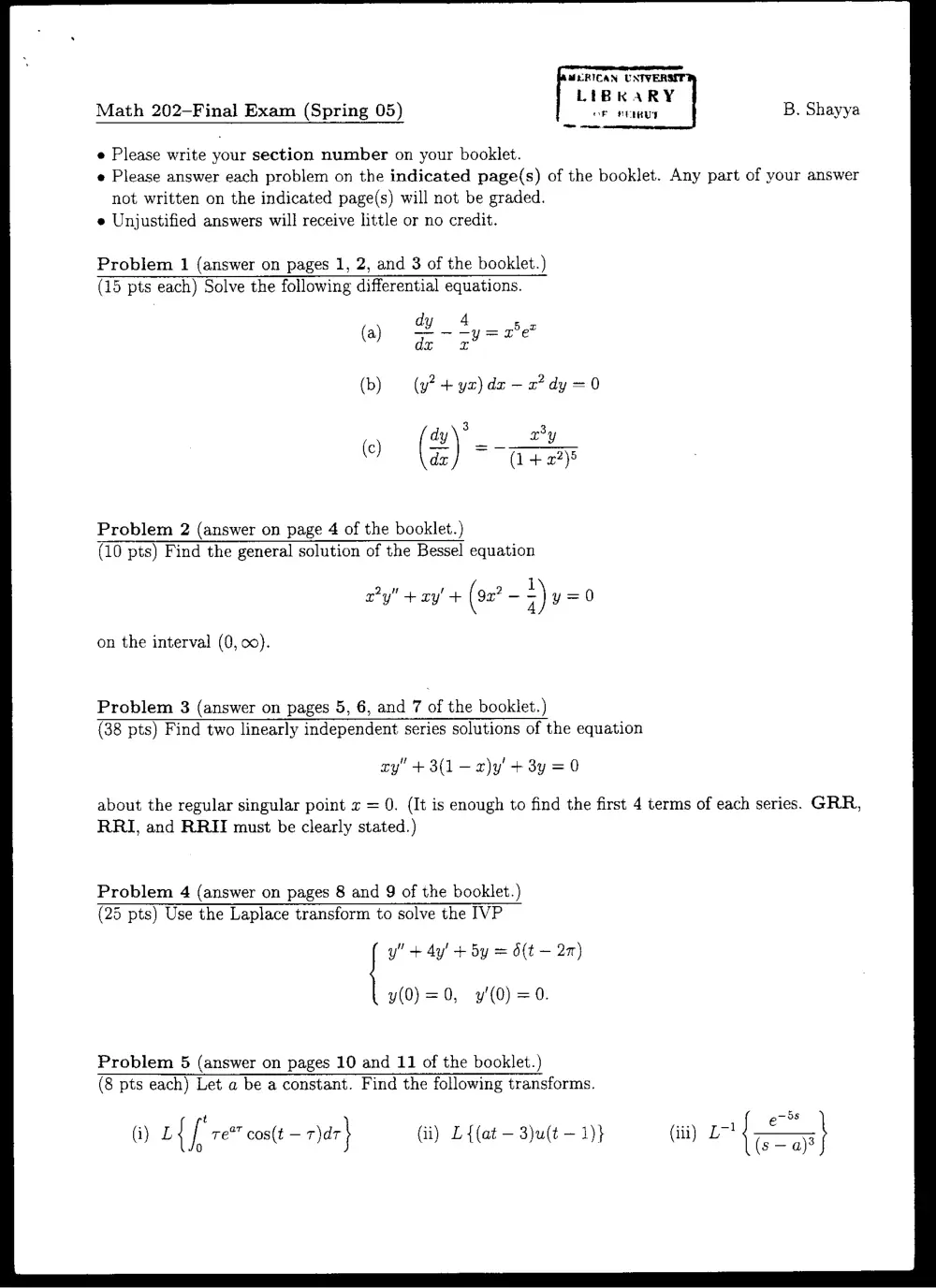 MATH 202 Final, Spring 2005, page 1