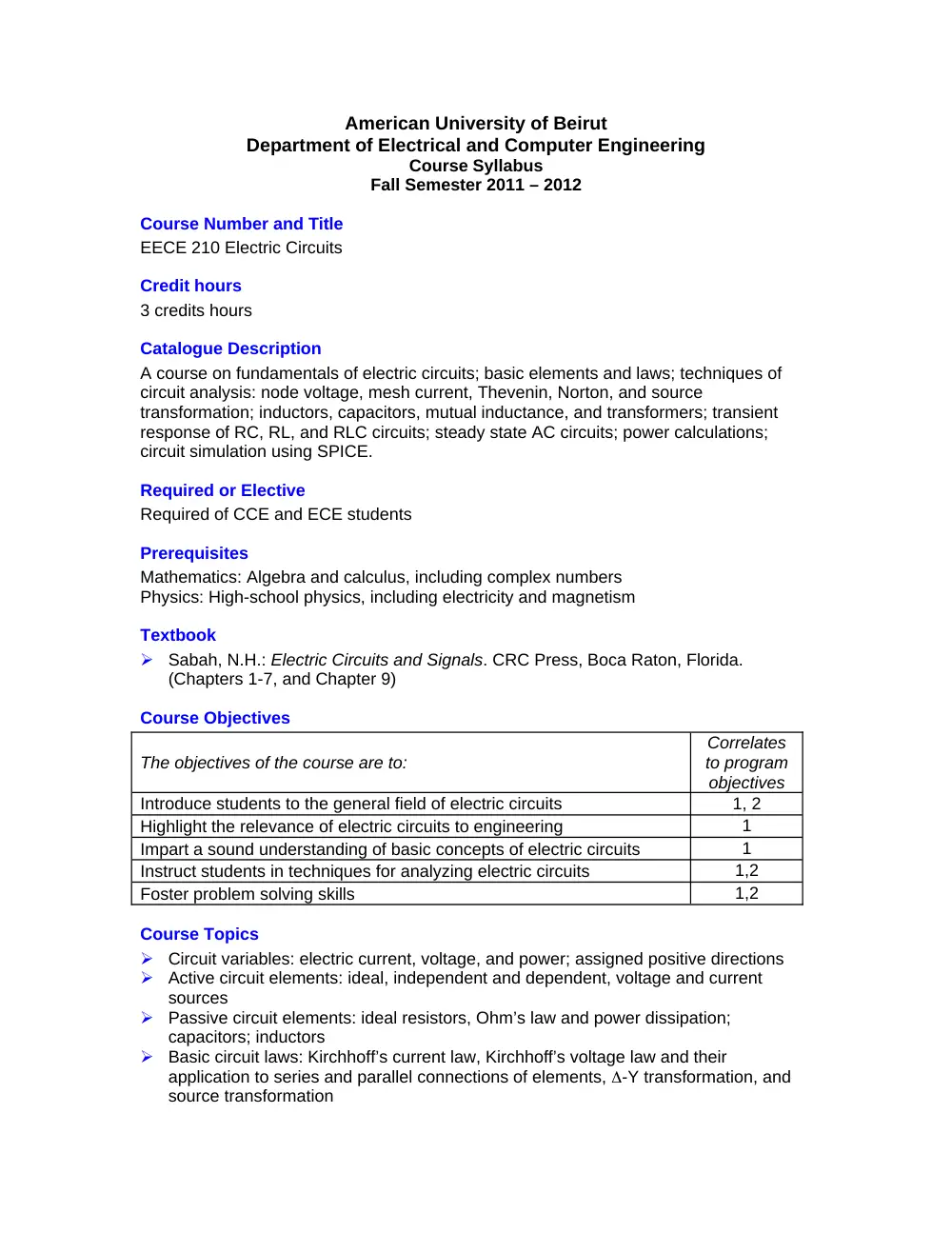 EECE 210 Syllabus, Fall 2011, page 1