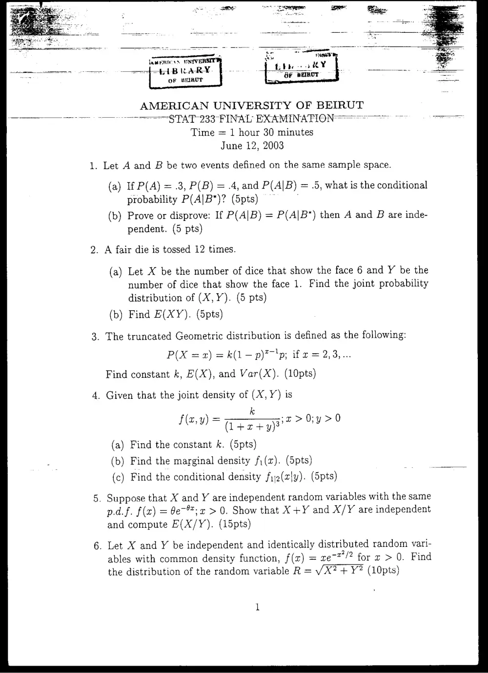 STAT 233 Final, Spring 2003, page 1