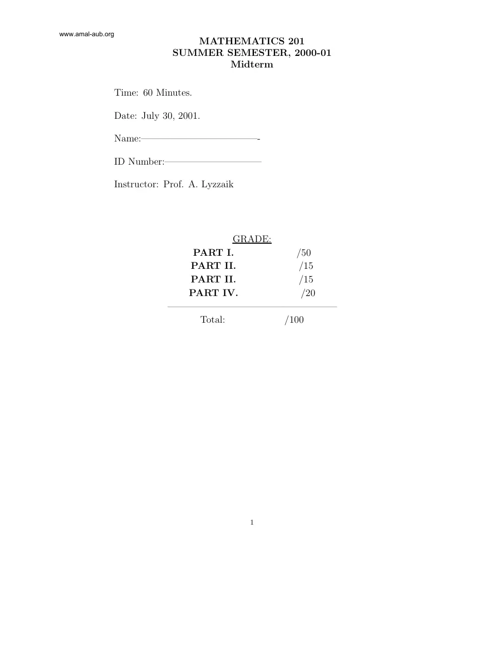 MATH 201 Exam 1, Fall 2001, page 1