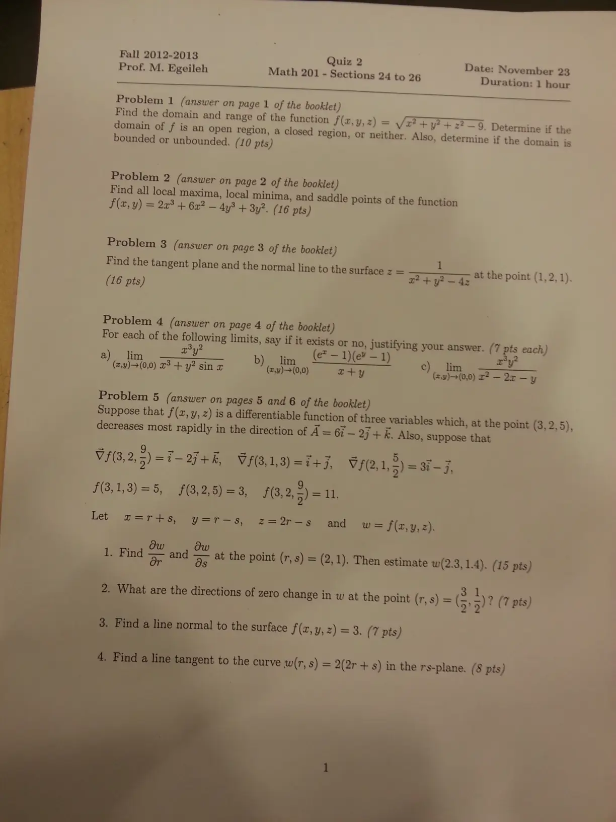 MATH 201 Exam 1, Spring 2013, page 1