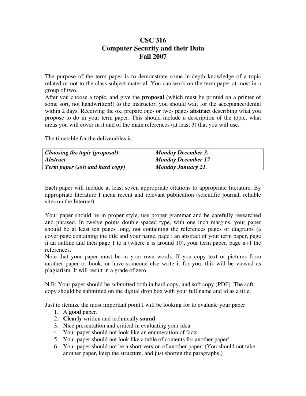 CSC 316 Project, Fall 2007, page 1