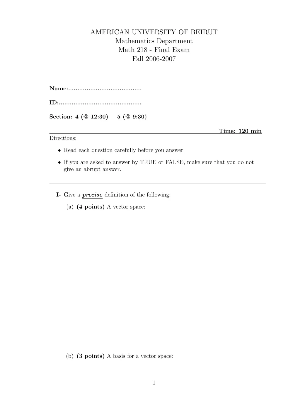 MATH 218 Final, Fall 2006, page 1
