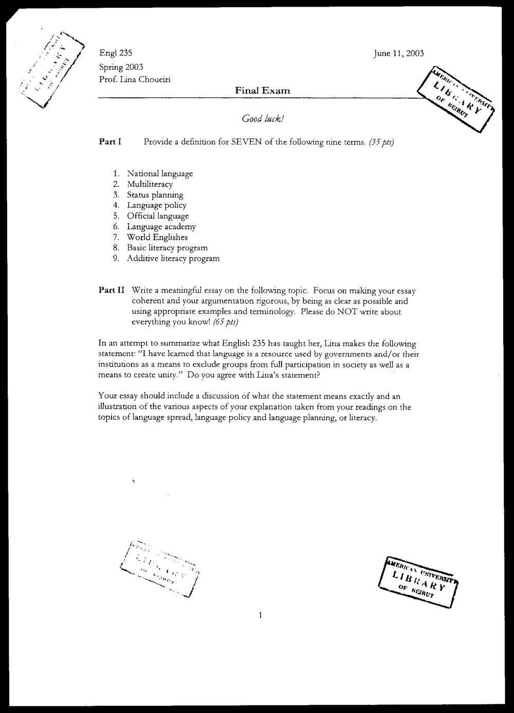 ENG 235 Final, Spring 2003, page 1