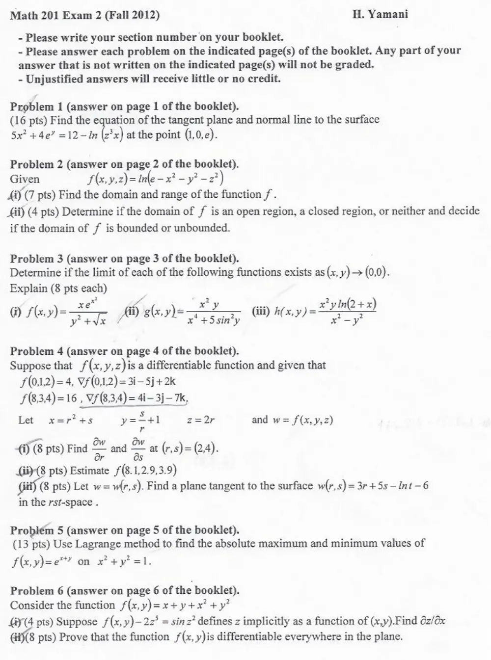 MATH 201 Exam 2, Fall 2012, page 1