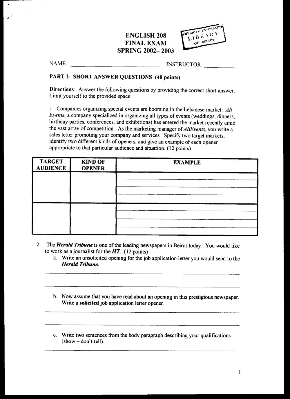 ENG 208 Final, Spring 2003, page 1