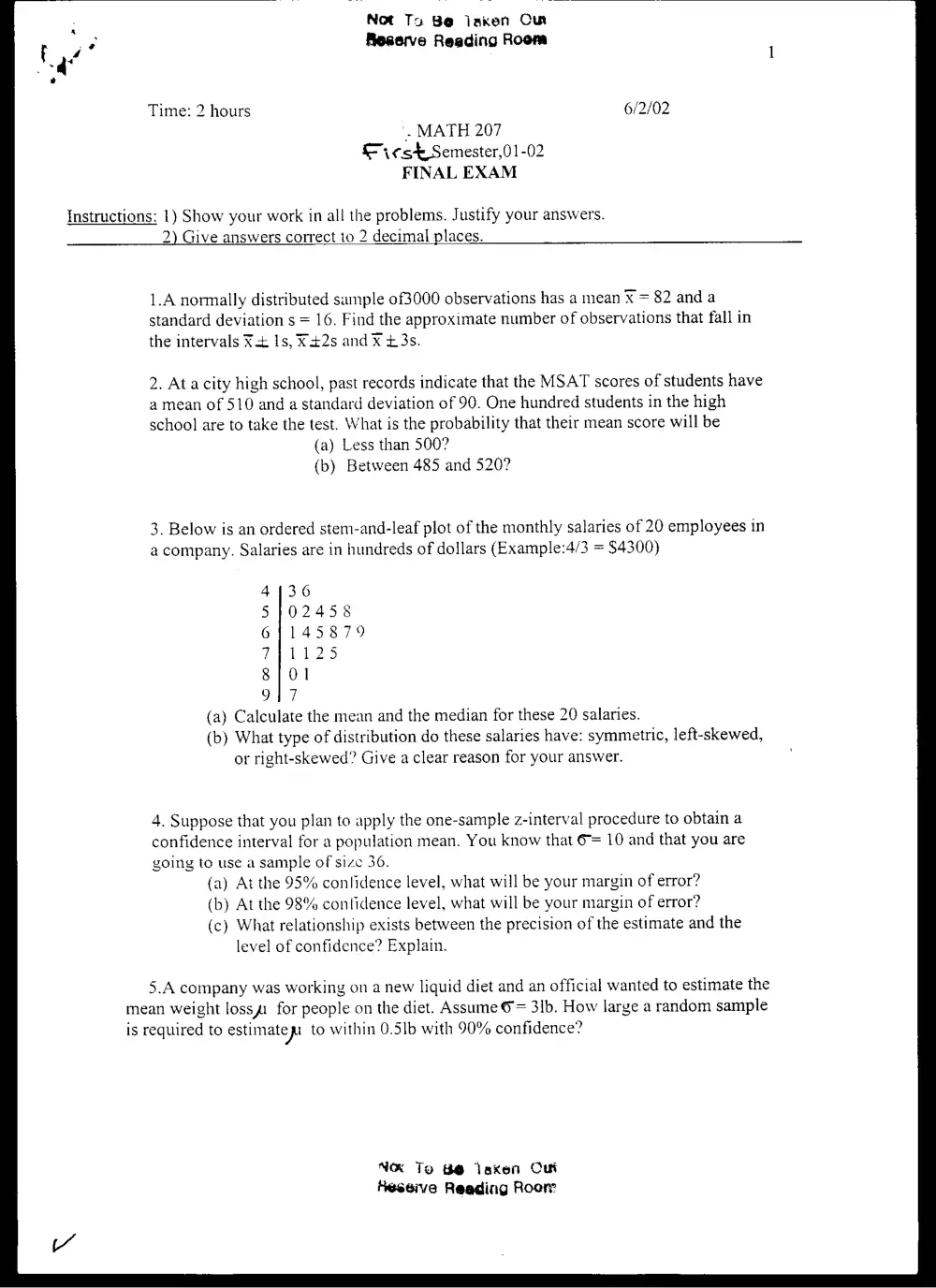 STAT 201 Final, Fall 2001, page 1