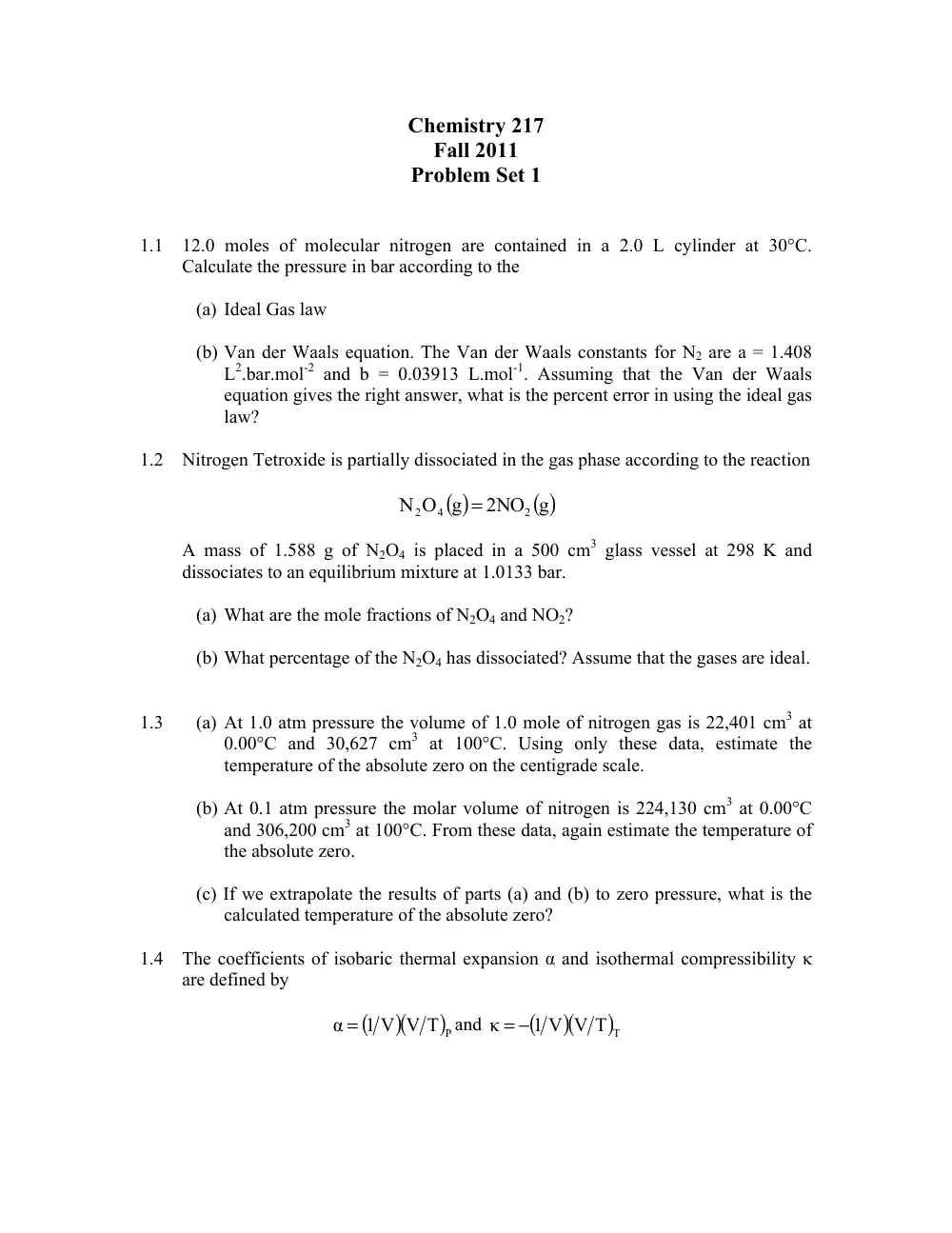 CHEM 217 Problems Set 1, Fall 2011, page 1