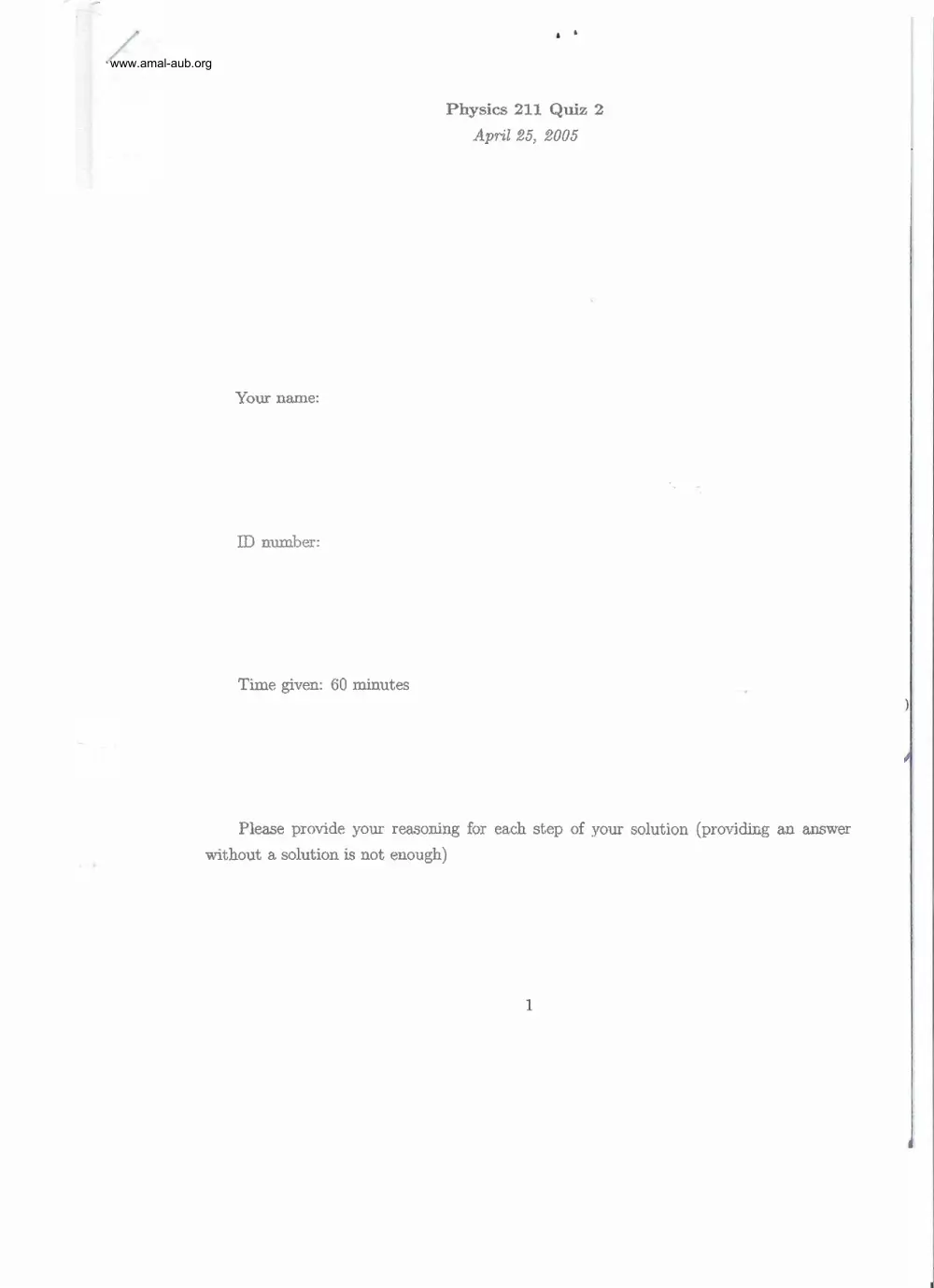 PHYS 211 Exam 2, Fall 2005, page 1