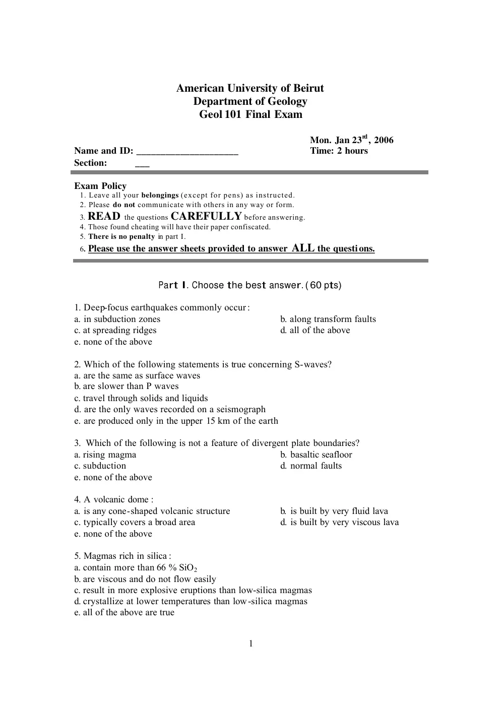 GEOL 101 Final, Fall 2005, page 1