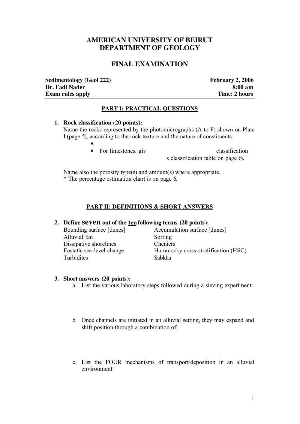 GEOL 222 Final, Fall 2005, page 1