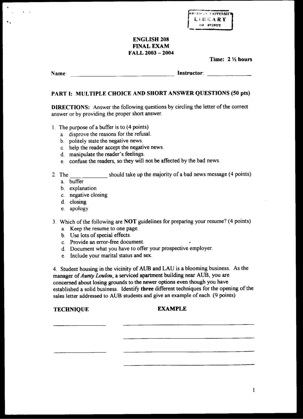 ENG 208 Final, Fall 2003, page 1