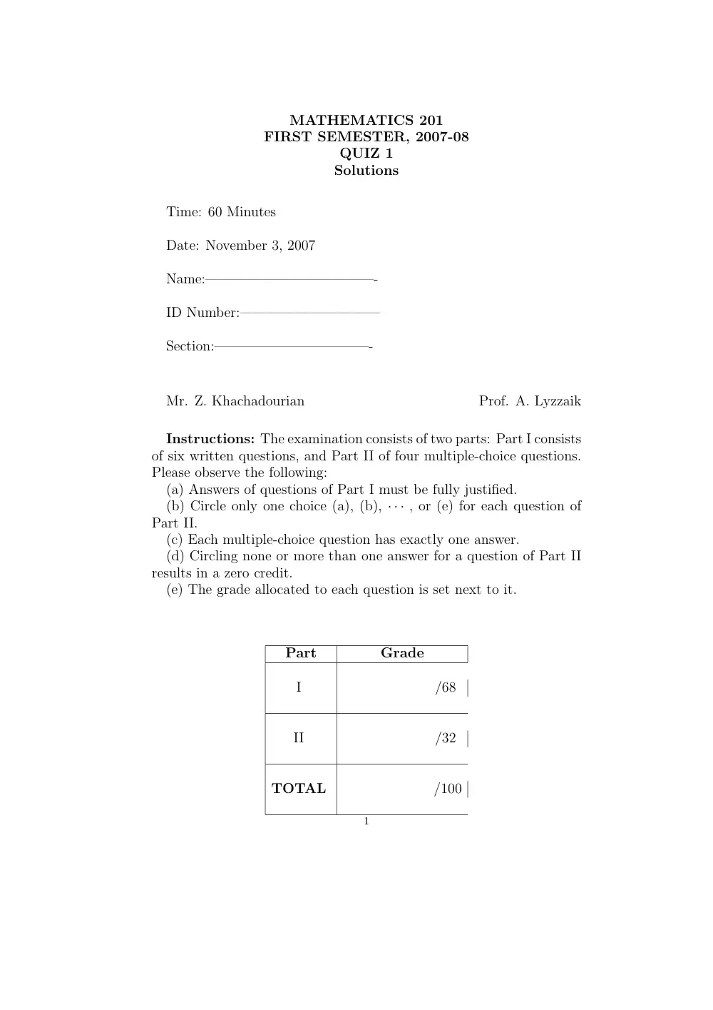 MATH 201 Exam 1, Fall 2001, page 1