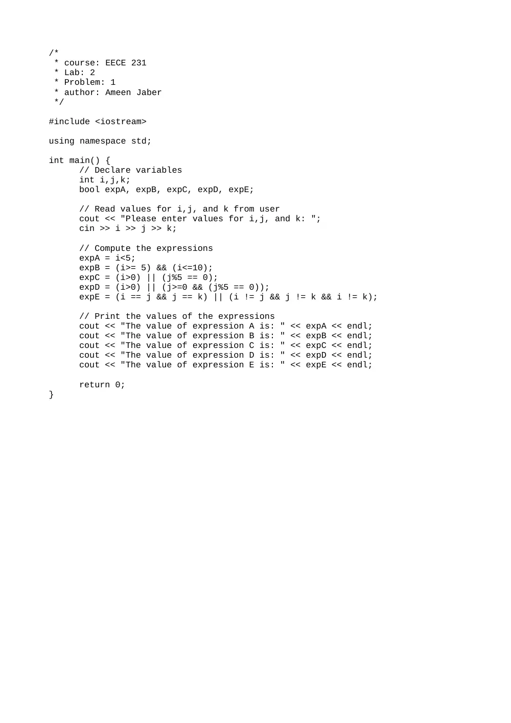 EECE 231 Lab 2 Solution, Fall 2014, page 1