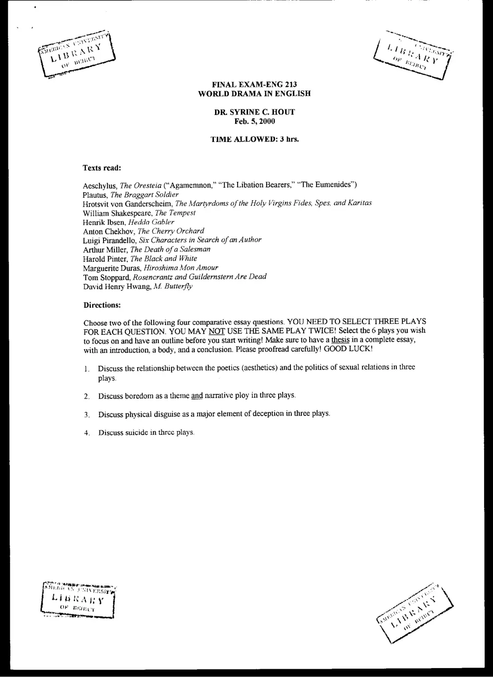 ENG 213 Final, Fall 1999, page 1