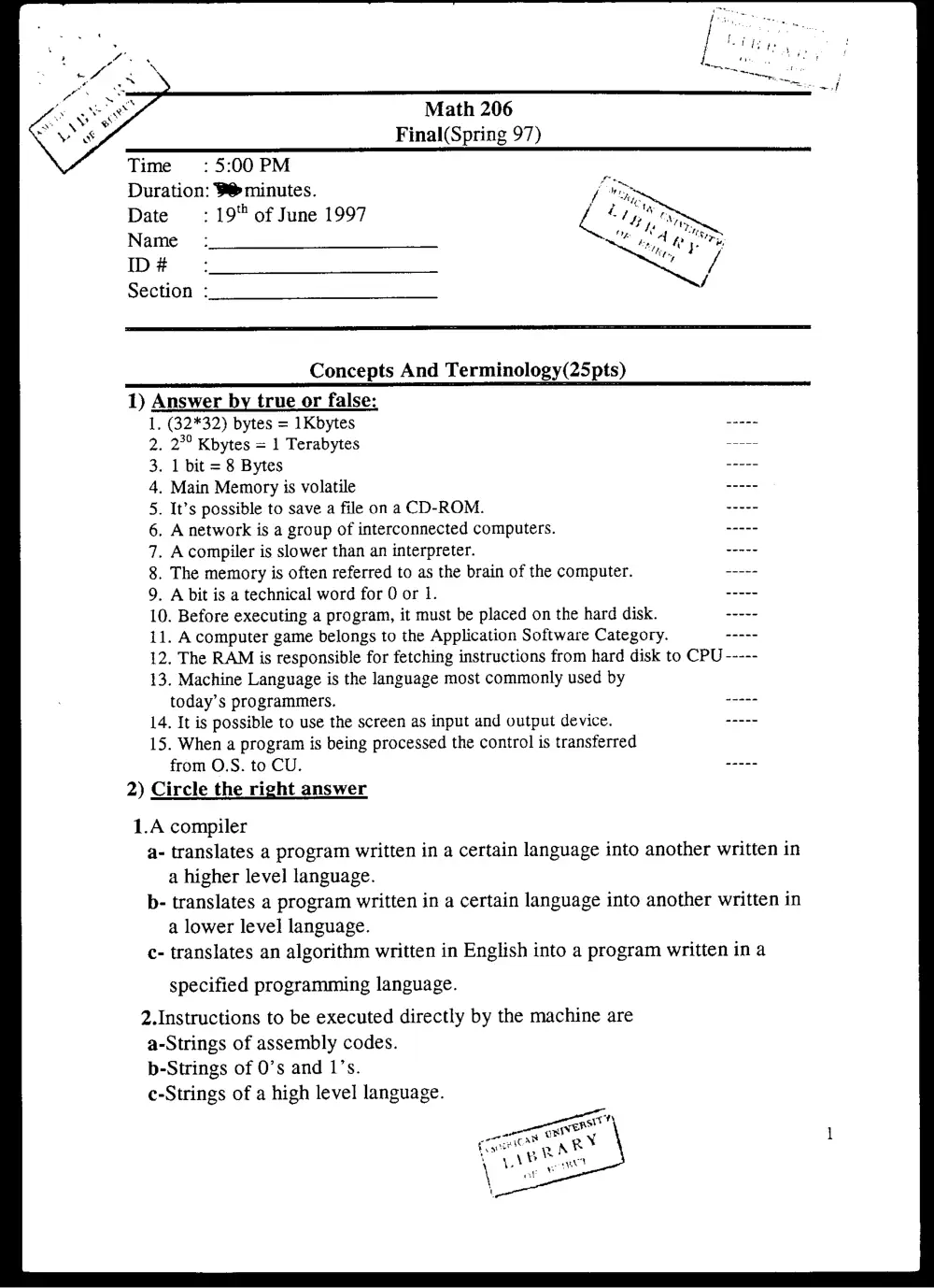 MATH 206 Final, Spring 1997, page 1