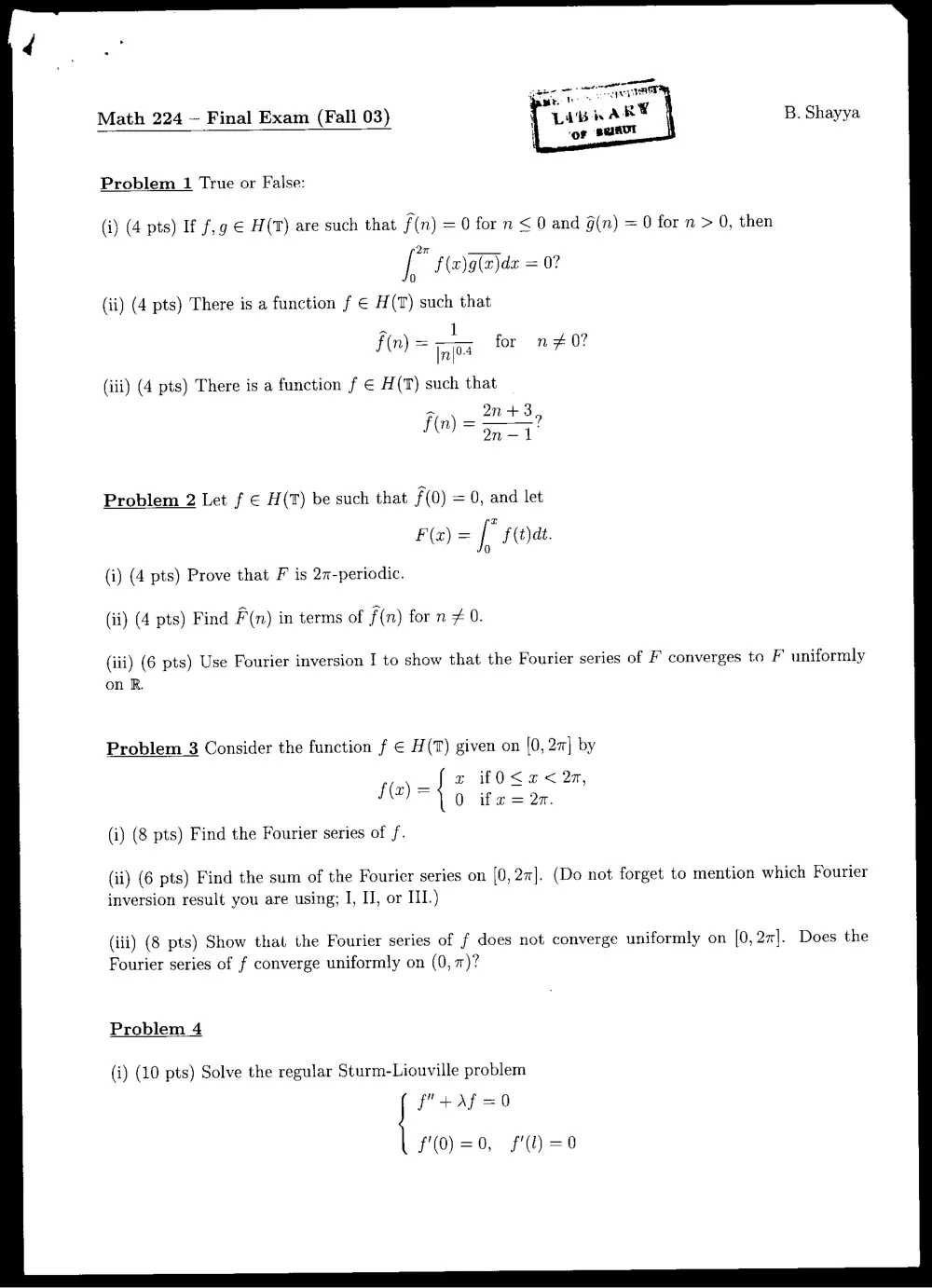 MATH 224 Final, Fall 2003, page 1