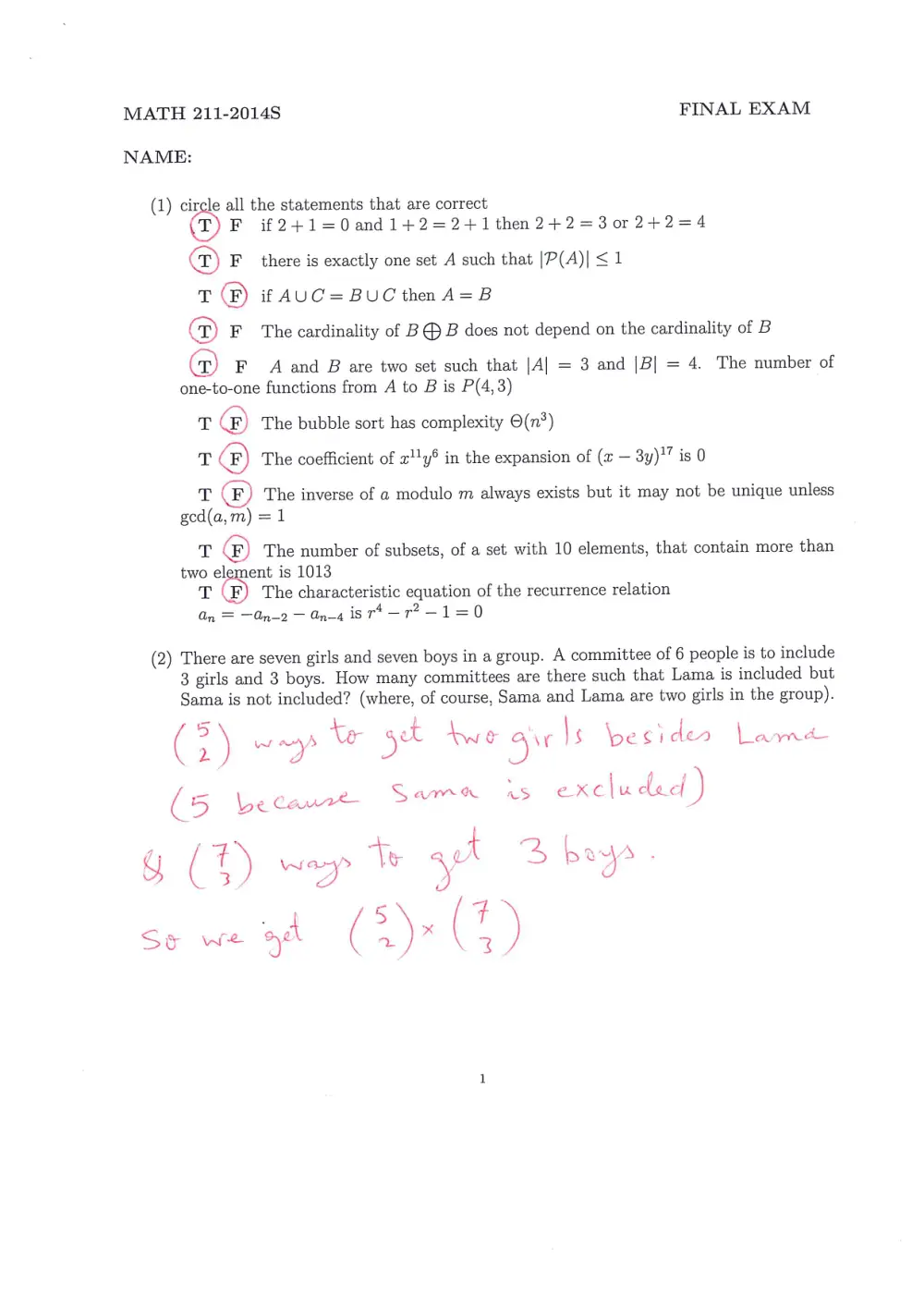 MATH 211 Final With Solution, Spring 2014, page 1