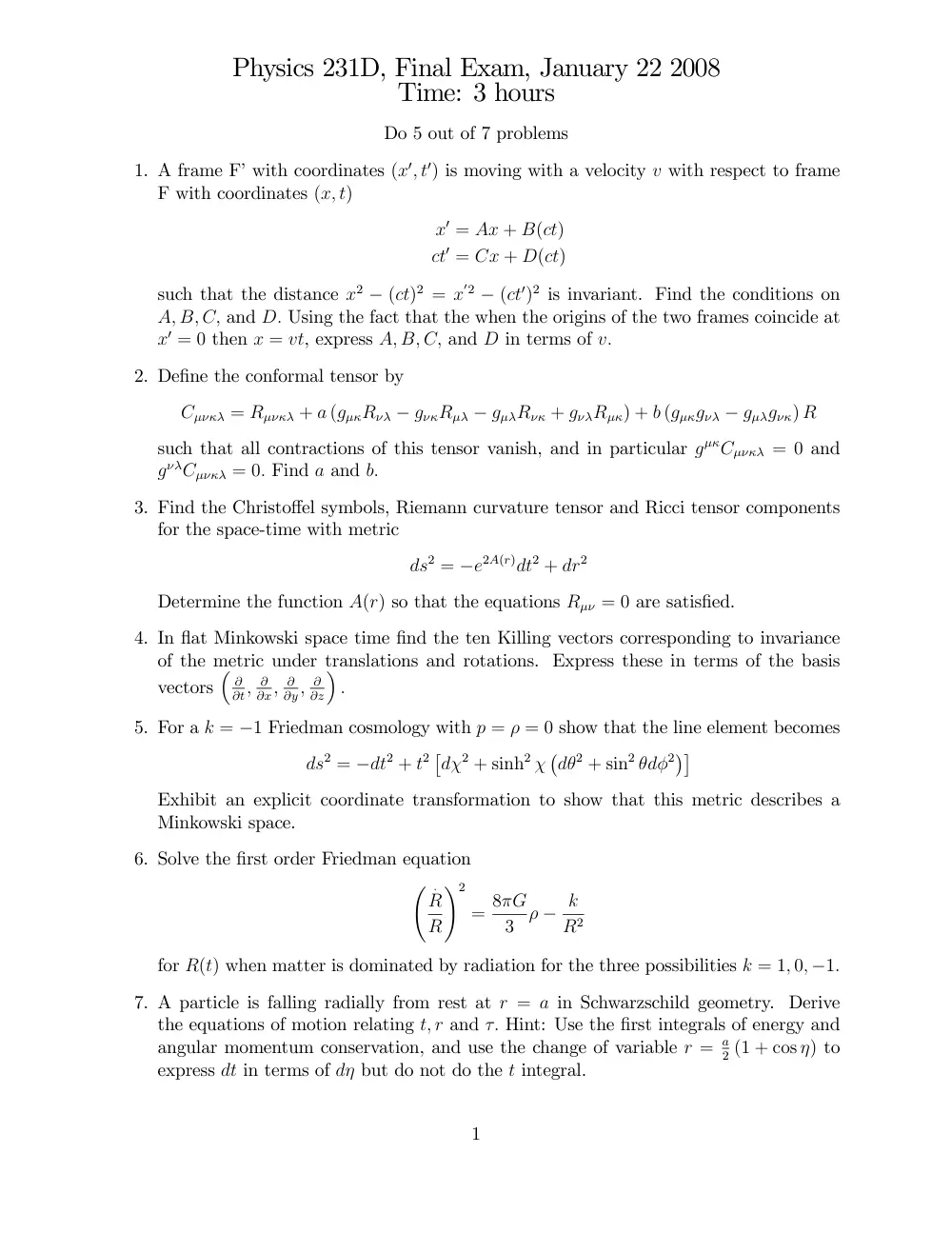 PHYS 231 Final, Fall 2007, page 1