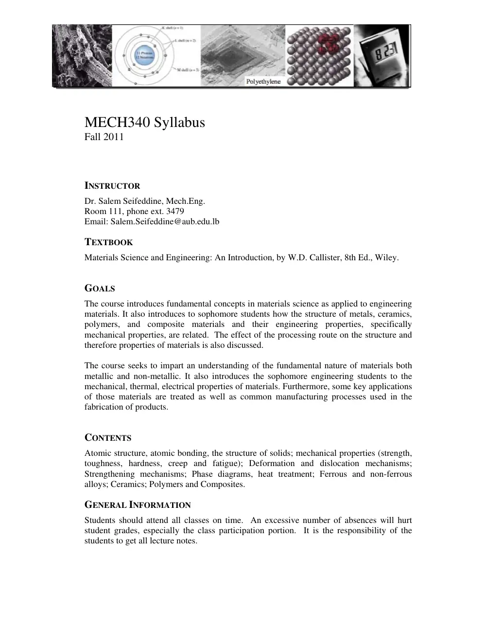 MECH 340 Syllabus, Fall 2011, page 1