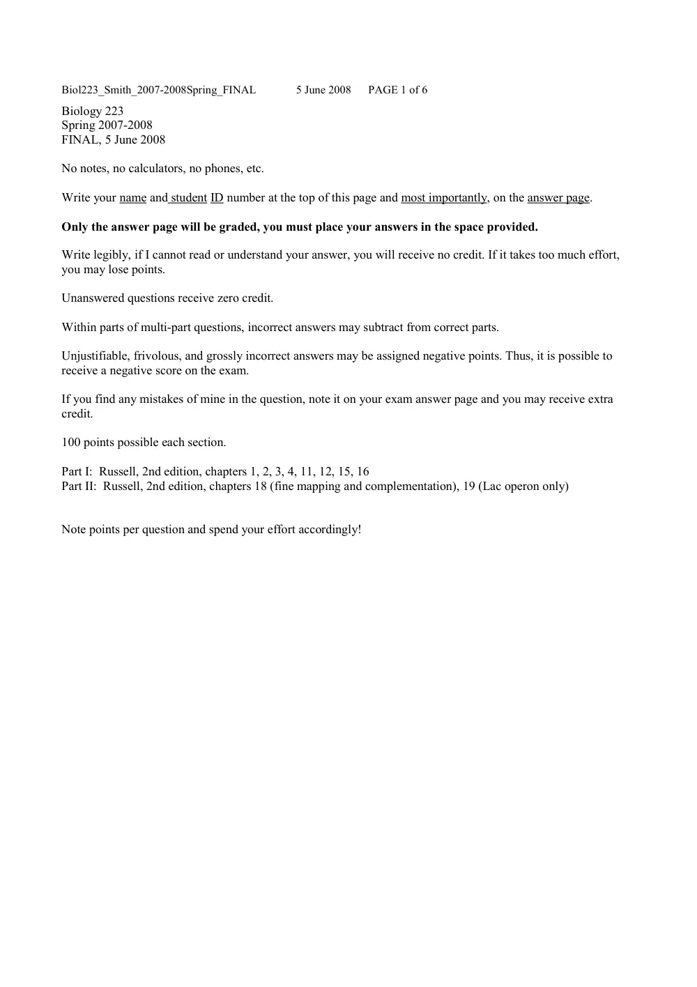 BIO 223 Final, Spring 2007, page 1