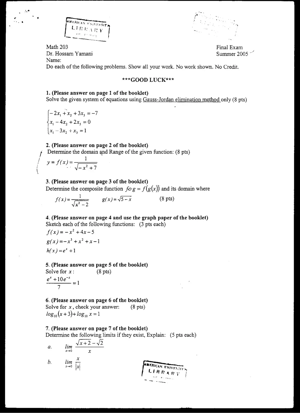 MATH 203 Final, Summer 2005, page 1