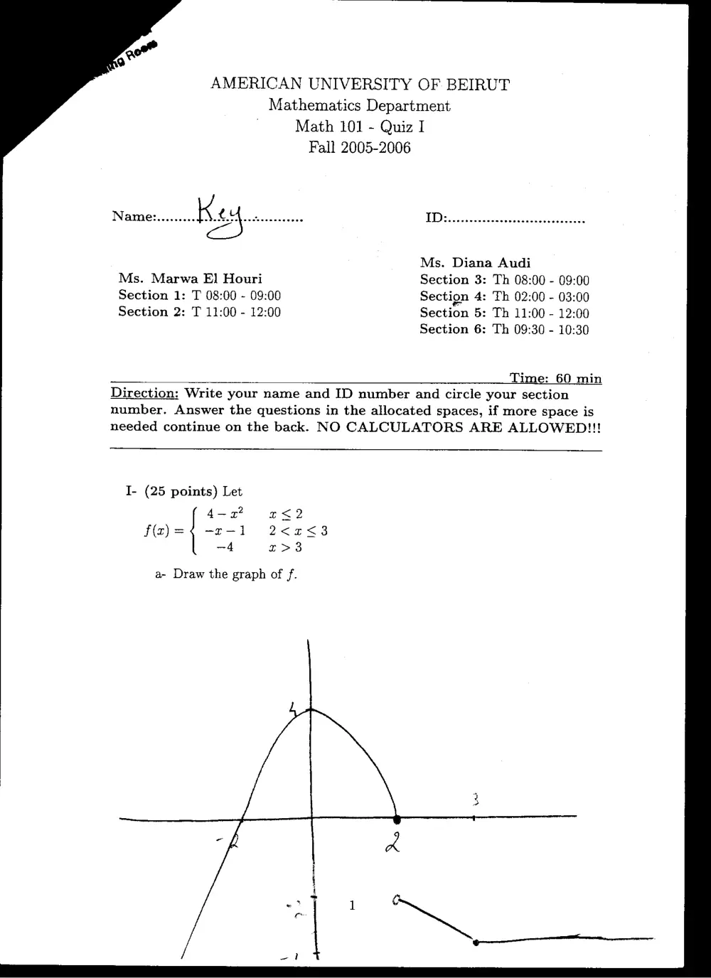 MATH 101 Exam 2, Fall 2005, page 1