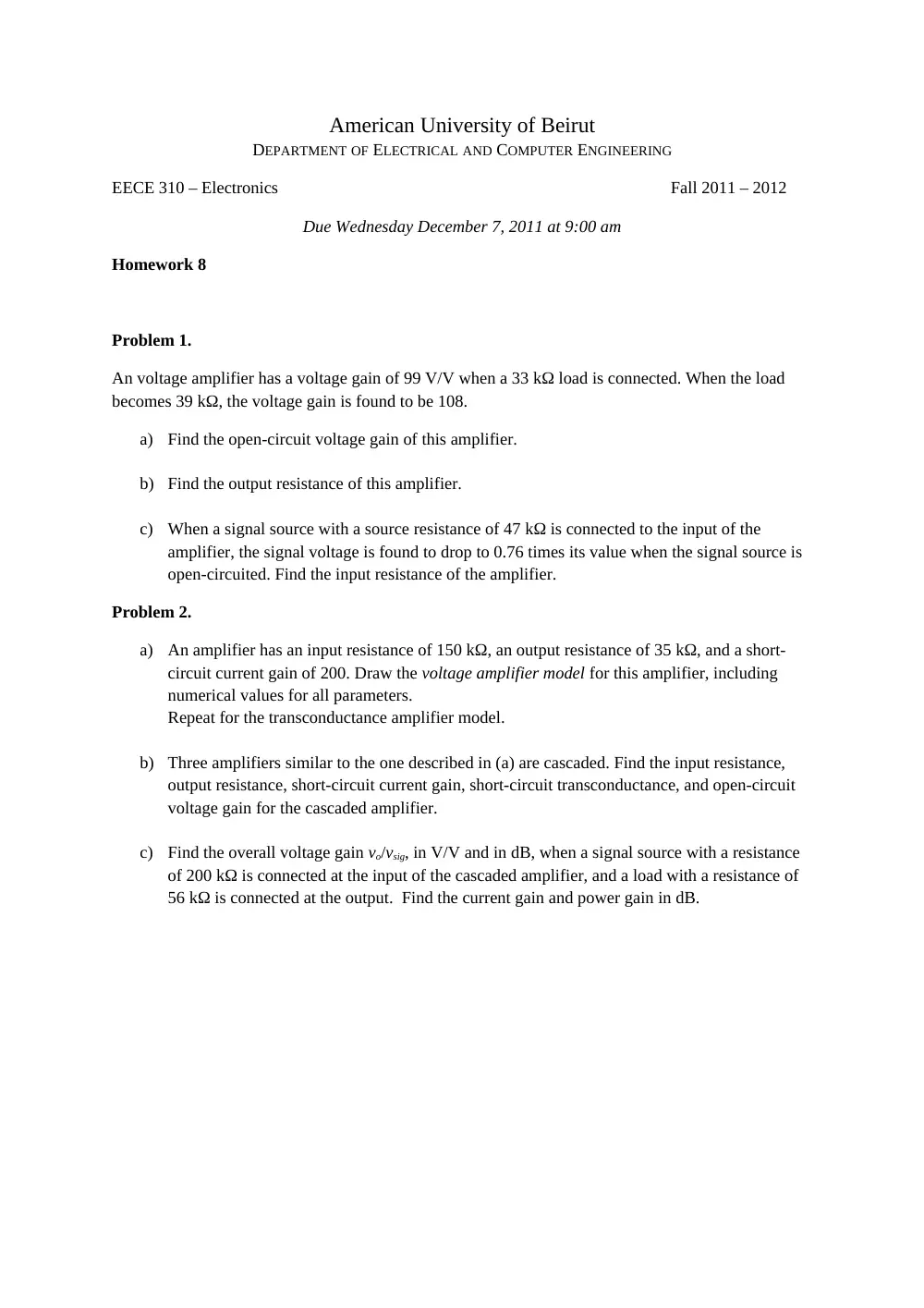 EECE 310 Homework 8, Fall 2011, page 1