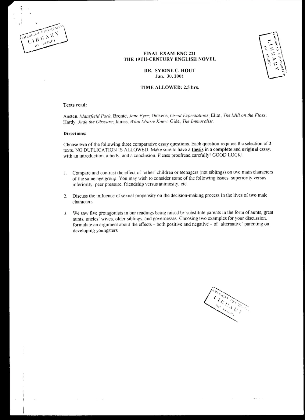 ENG 221 Final, Fall 2000, page 1