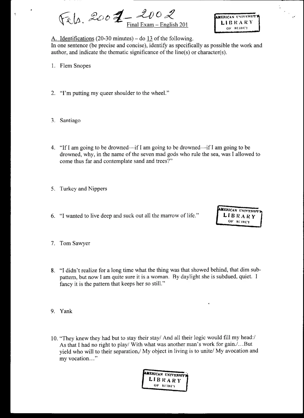 ENG 201 Final, Fall 2000, page 1