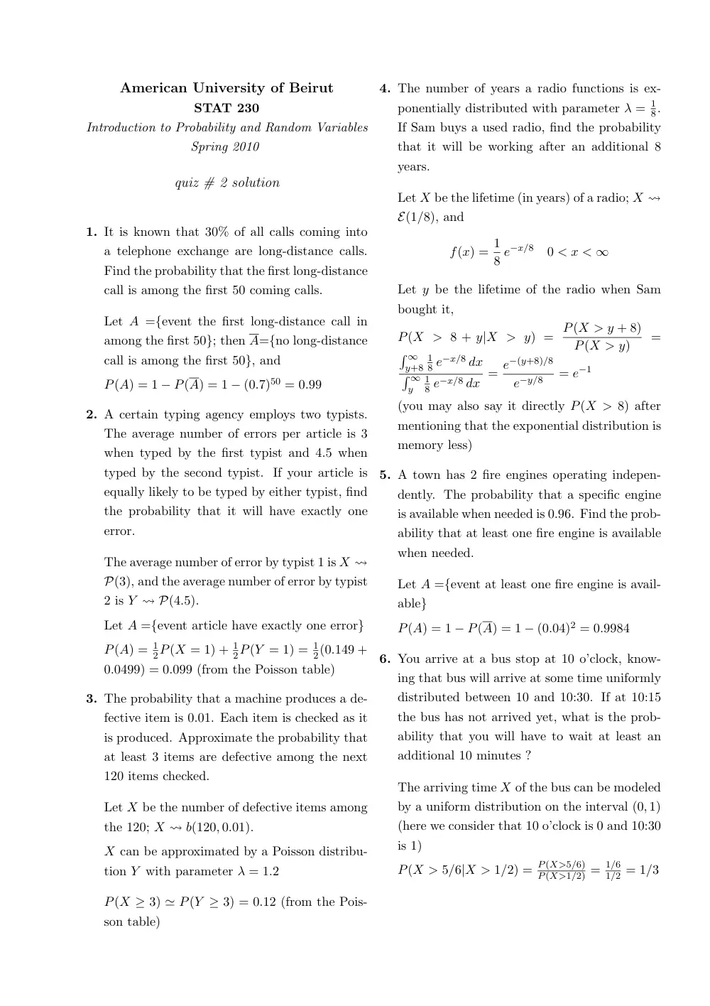 STAT 230 Exam 2 with Solution, Spring 2011, page 1